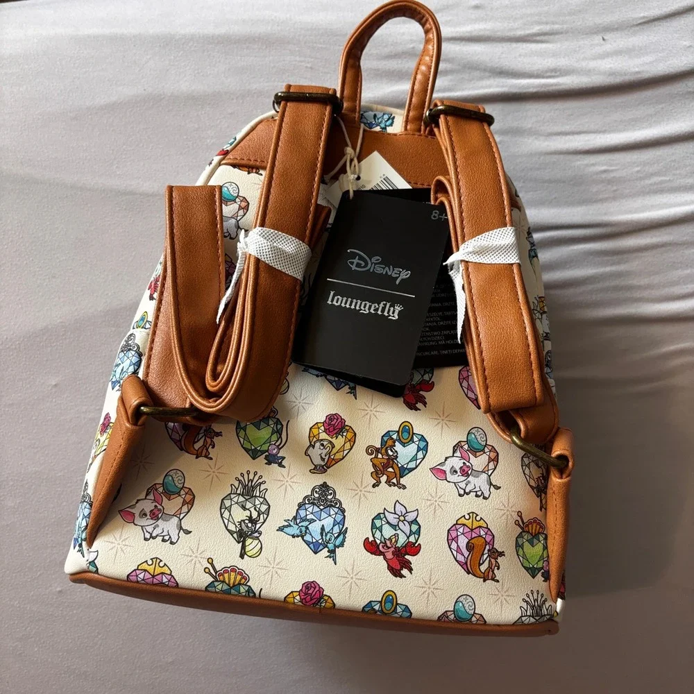 Disney Loungefly Princess Gems Sidekicks AOP Mini Backpack Cream Brown New